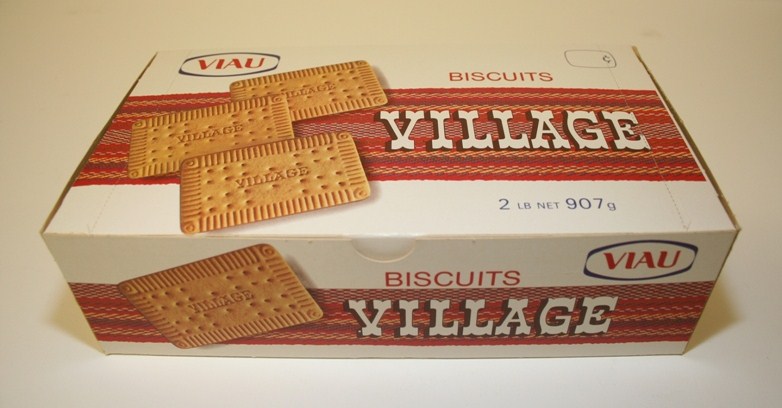 Boite en carton pour les biscuits Village, vers 1972. 