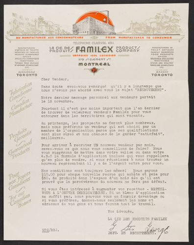 Lettre envoyée aux vendeurs pour faire le recrutement-Familex, vers 1930-1940. Collection Familex, Écomusée du fier monde.